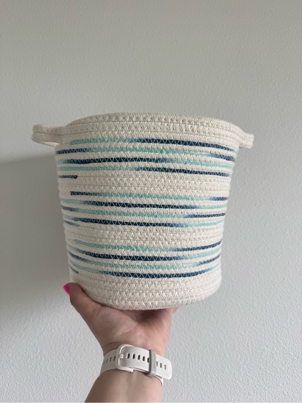 Cream and Blue Striped Rope Basket - Home Accents